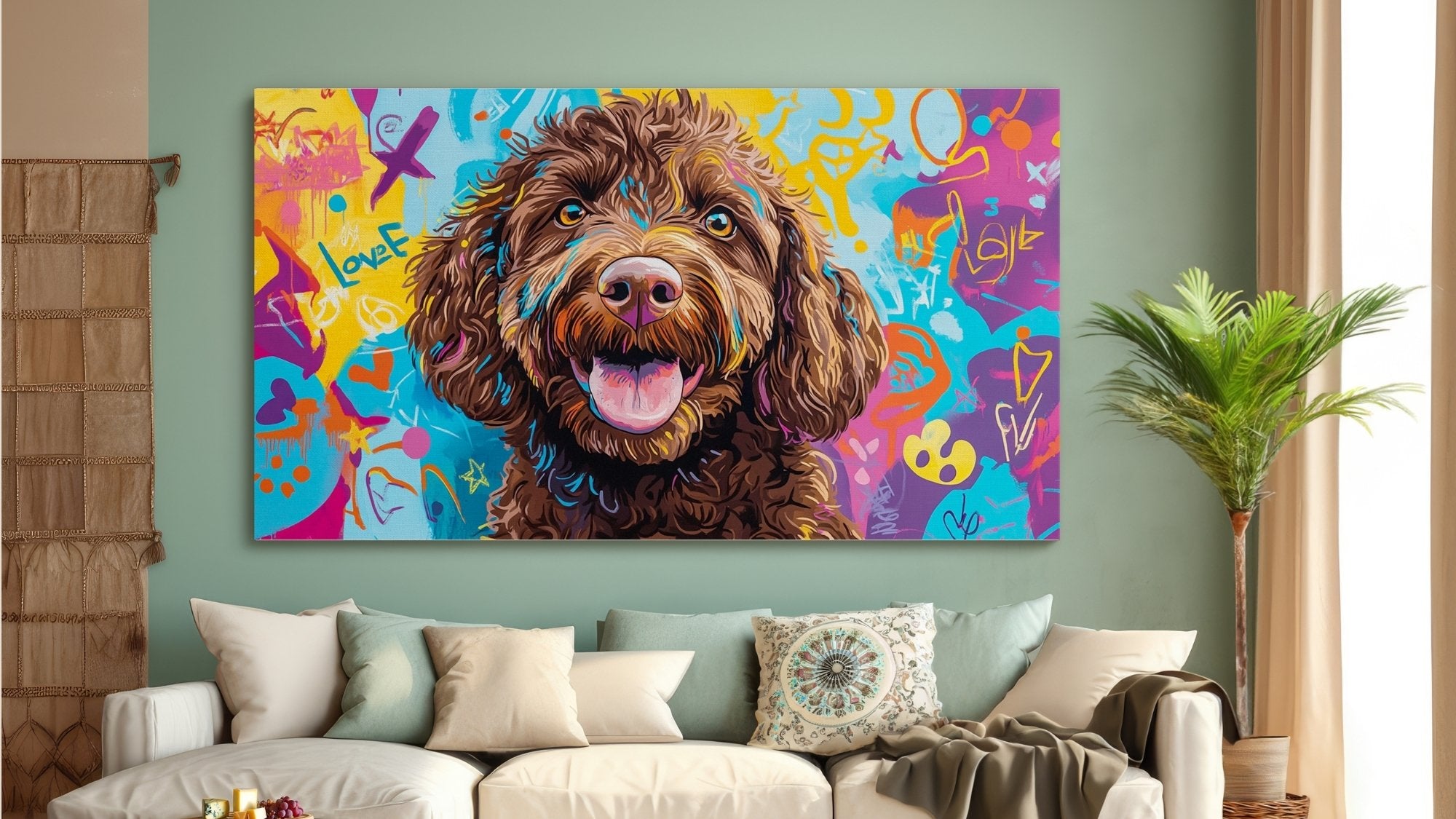 Custom Abstract painting of a Goldendoodle dog on a wall above a sofa with decorative pillows.