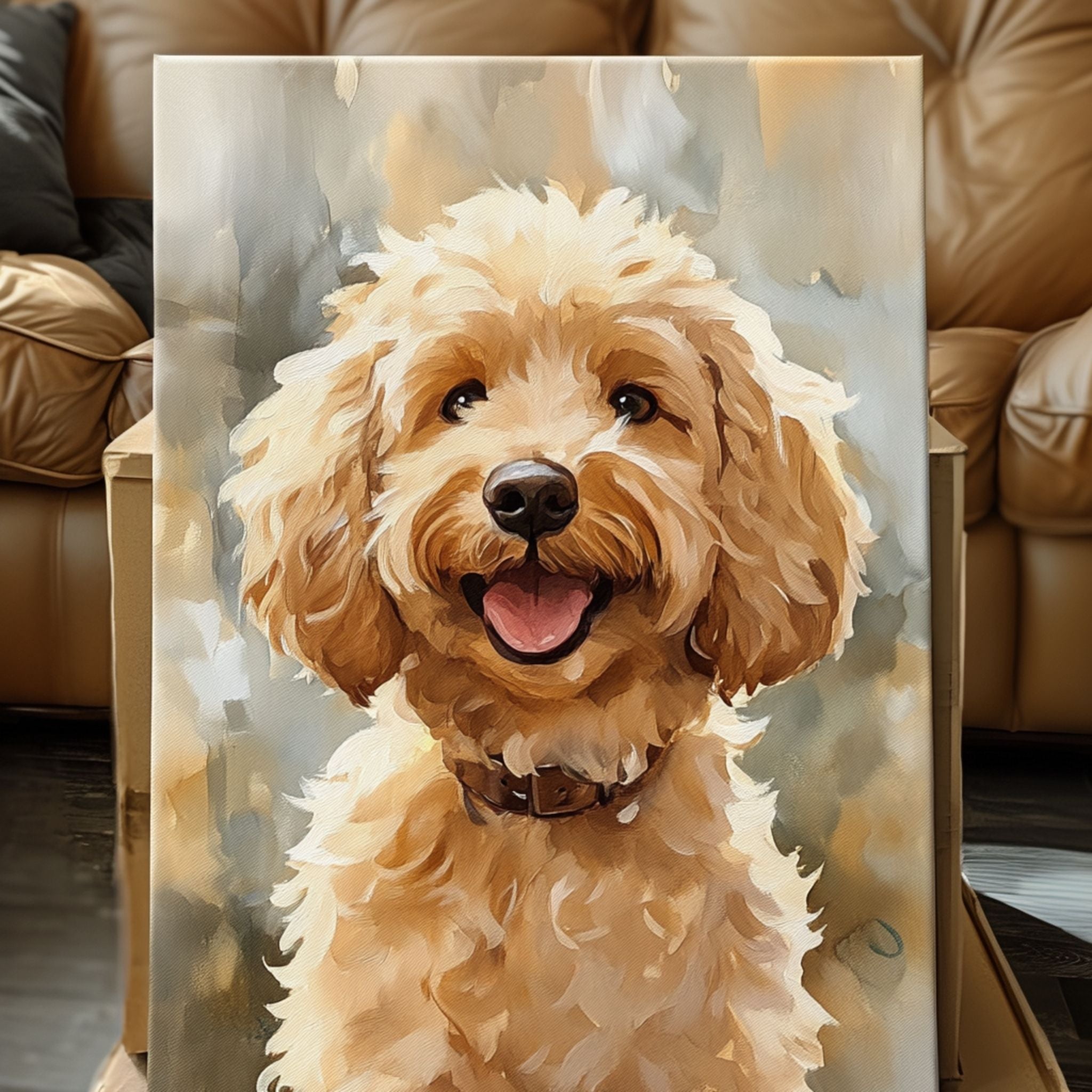 Painting of a happy dog with a blurred indoor background