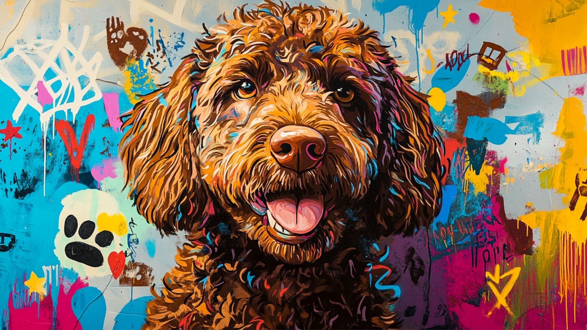 Abstract painting of a doodle dog with abstract art in the background Basquiat inspired