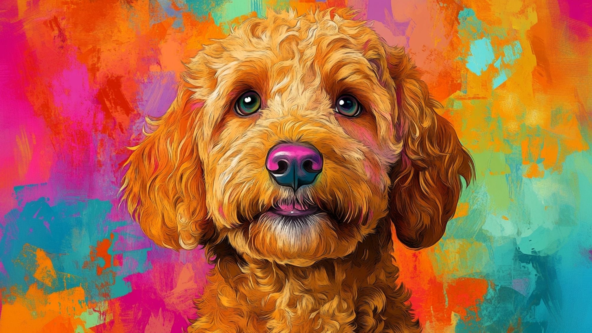 Pop Art painting of a Doodle dog's face on a multicolored Pop Art background