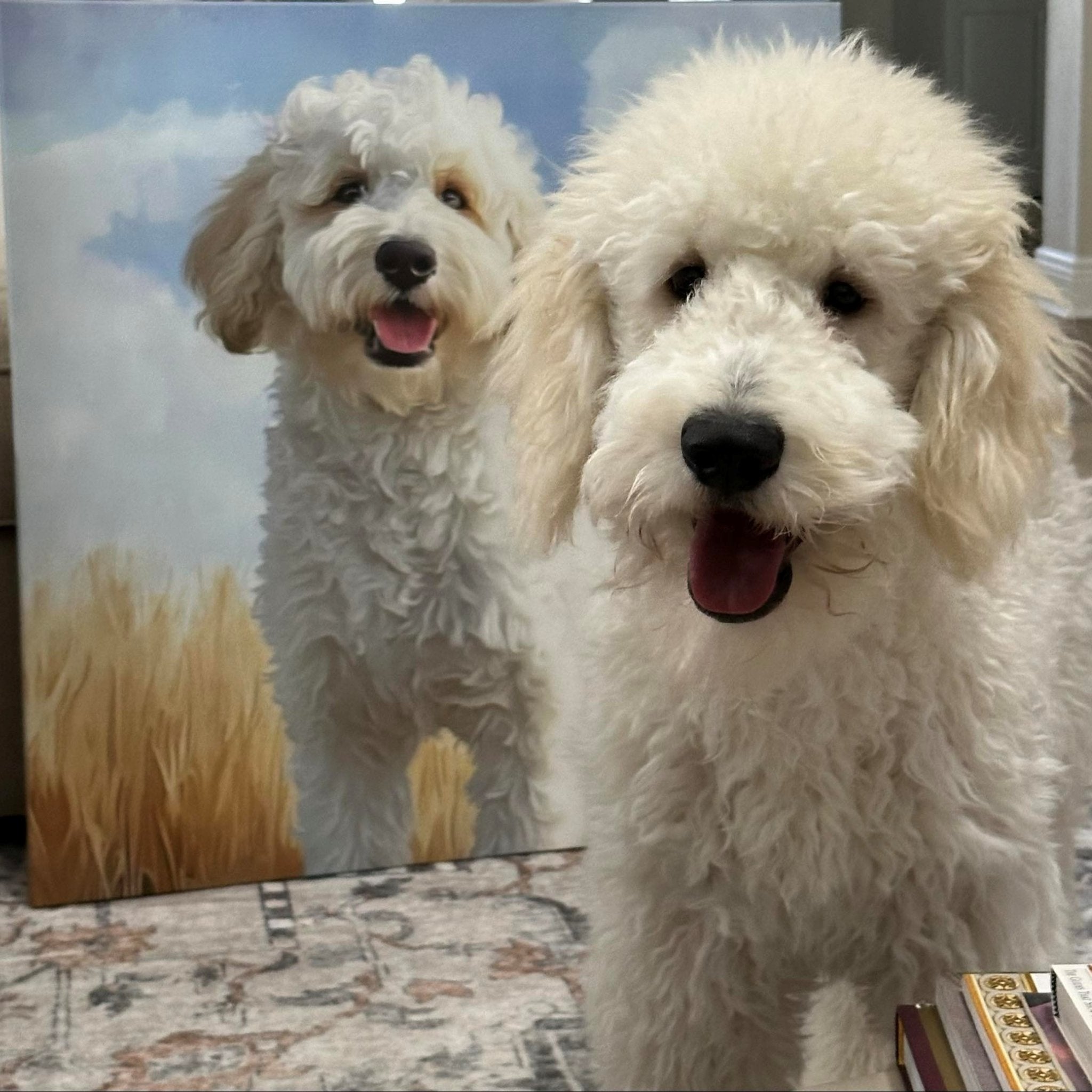 Two fluffy white dogs standing in front of a painting of another dog.