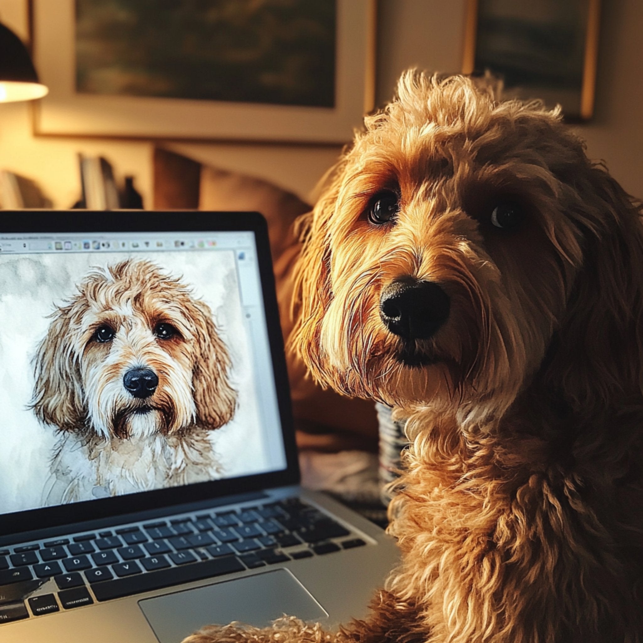 Goldendoodle digital art concept — dog portrait being created in Photoshop, My Doodle Canvas