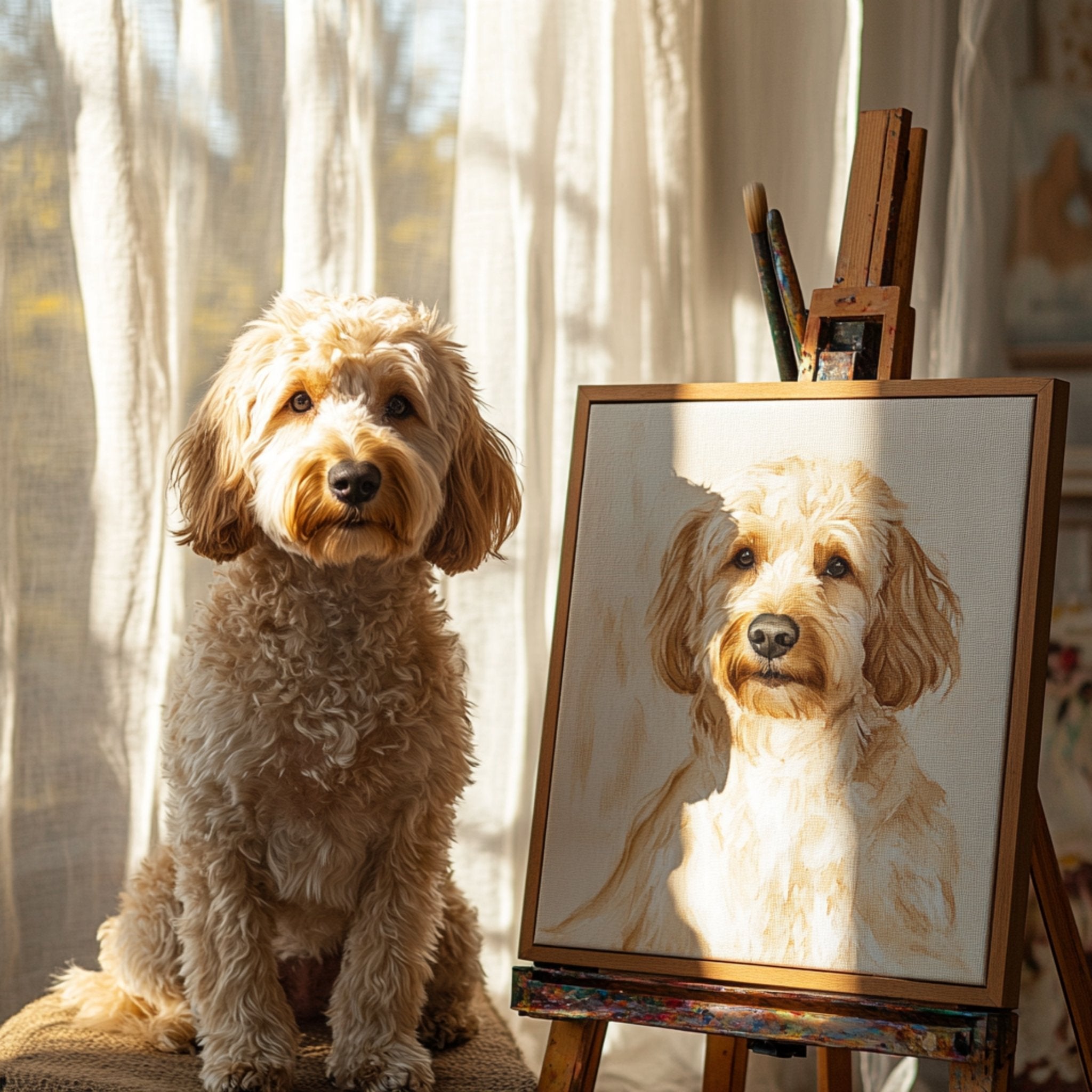 Goldendoodle digital art mockup — dog portrait being created in Photoshop, My Doodle Canvas