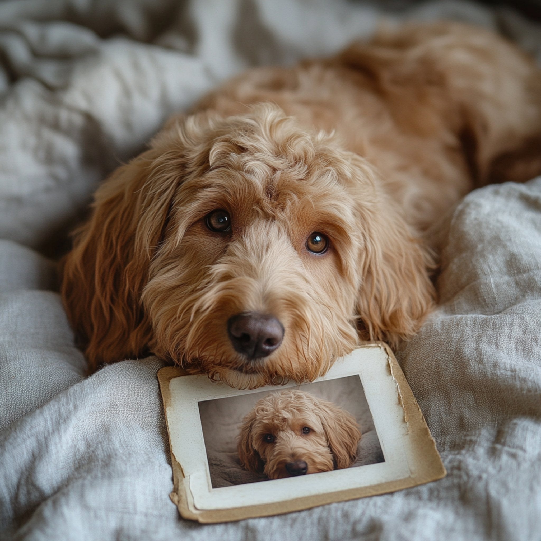 Doodle Dog lying on a blanket with a photo of itself in an old-fashioned frame.