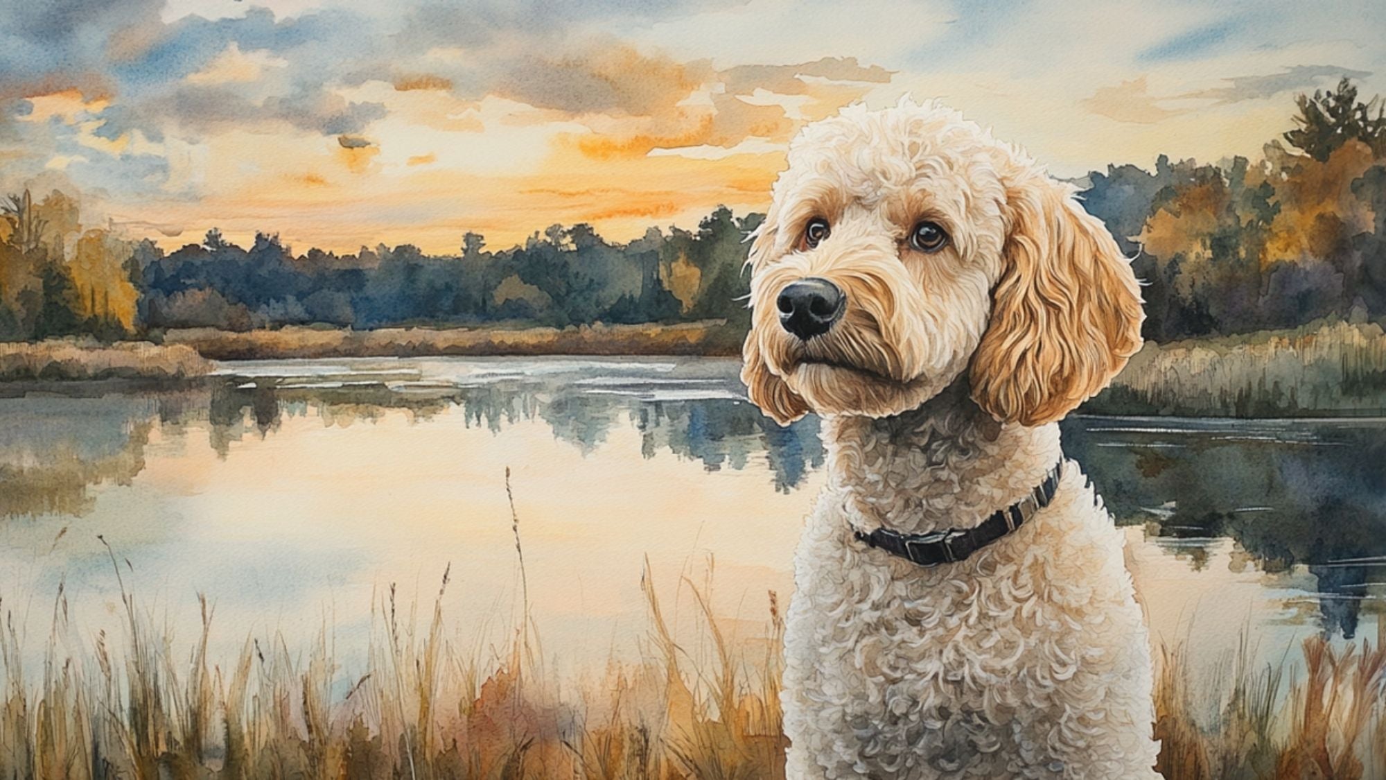 Watercolor painting of a doodle Dog standing by a lake with a scenic background 